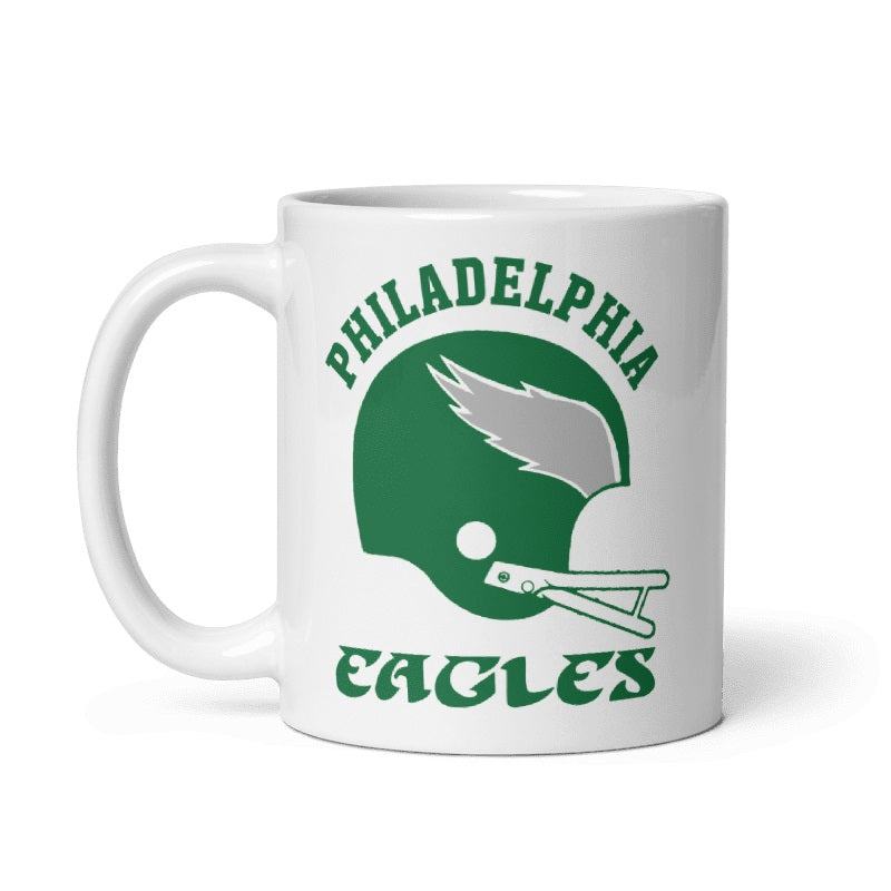 Vintage Philadelphia Eagles helmet mug, cream ceramic, 11oz and 15oz sizes, 70s and 80s logo, microwave and