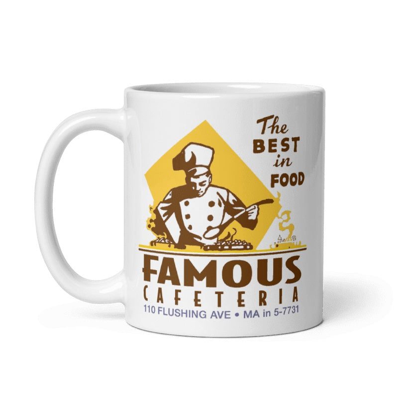 Cream-colored Famous Cafeteria Brooklyn ceramic mug, featuring vintage restaurant design, available in 11oz and 15oz sizes.
