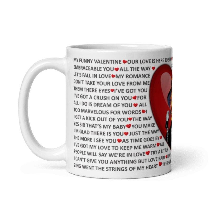 Sinatra Love Songs ceramic mug featuring romantic song titles, cream color, 11oz or 15oz.