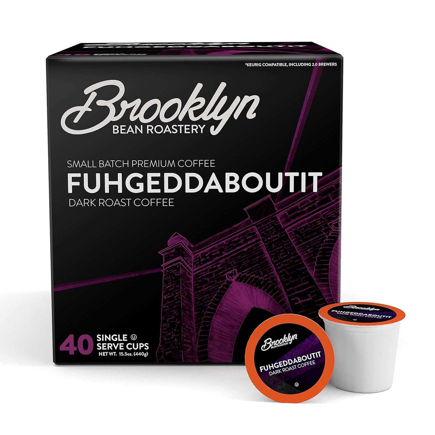 Brooklyn Bean Roastery Fuhgeddaboutit dark roast coffee pods, 40-count box compatible with Keurig K-Cup brewers.
