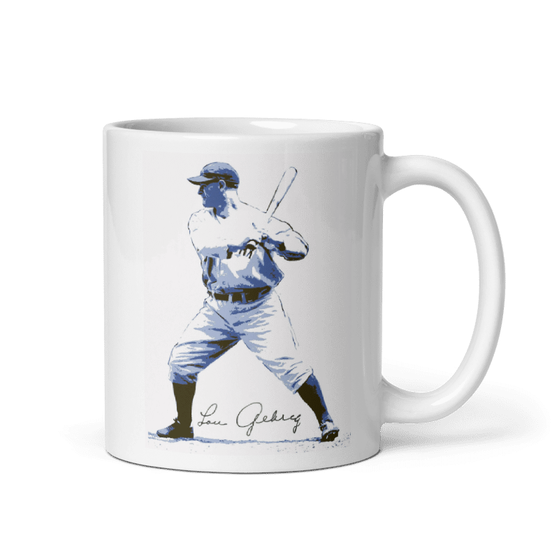 Lou Gehrig Signature Mug, cream color, featuring baseball player illustration, available in 11oz and 15oz sizes.