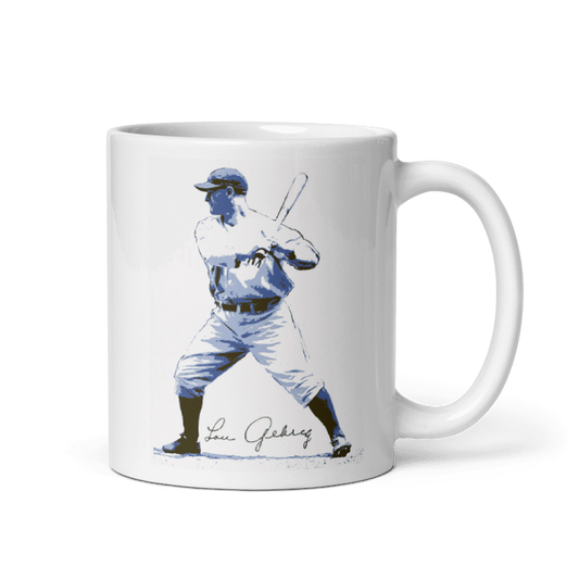 Lou Gehrig Signature Mug, cream color, featuring baseball player illustration, available in 11oz and 15oz sizes.