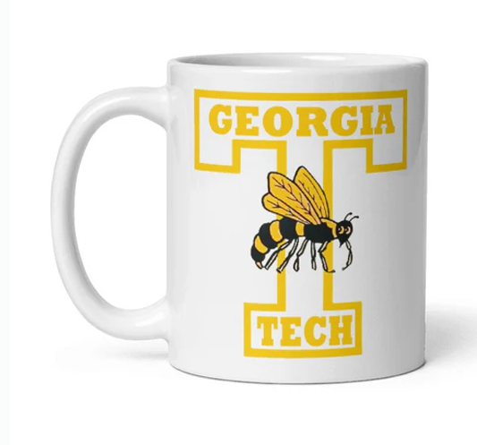 Georgia Tech Old Skool Mug, cream ceramic, featuring iconic yellow jacket design.
