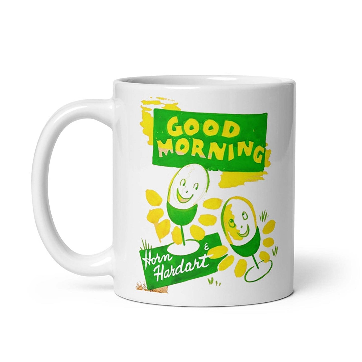 Horn & Hardart Breakfast Mug with retro design, available in cream color, 11oz and 15oz sizes, microwave and dishwasher safe.