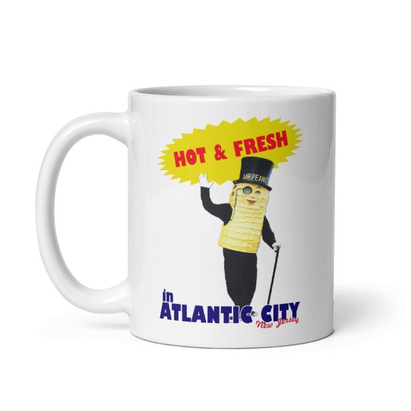 Hot & Fresh Mr Peanut Mug in cream color with Atlantic City design, 11oz and 15oz sizes.