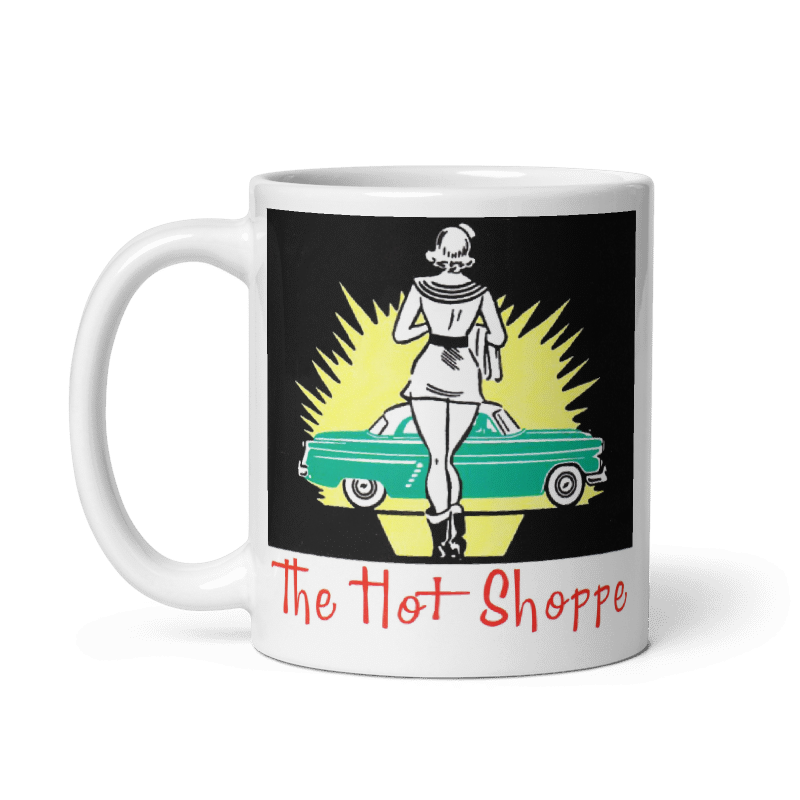 Hot Shoppe Car Hop Mug, vintage design, ceramic, cream, 11oz and 15oz sizes, microwave and dishwasher safe.