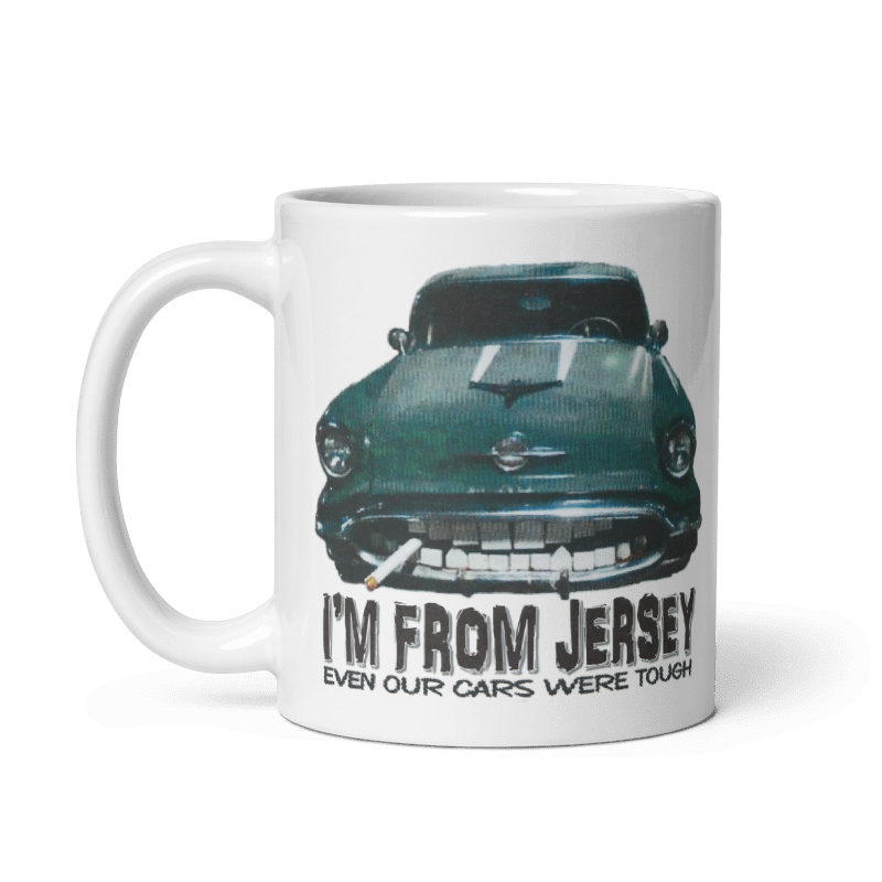 Vintage Jersey Tough Ceramic Mug featuring retro car design, cream color, microwave and dishwasher safe.