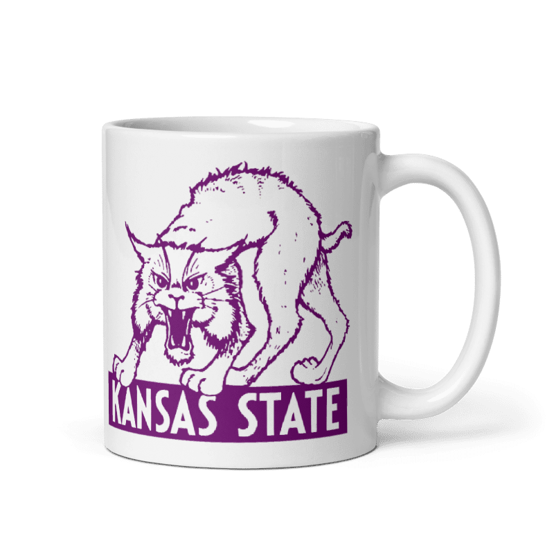 Kansas State ceramic mug with retro Wildcat design, cream color, available in 11 and 15 oz sizes.