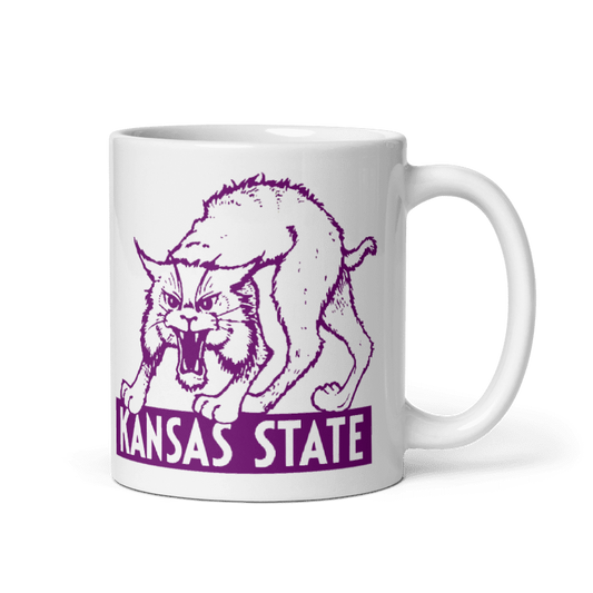 Kansas State ceramic mug with retro Wildcat design, cream color, available in 11 and 15 oz sizes.
