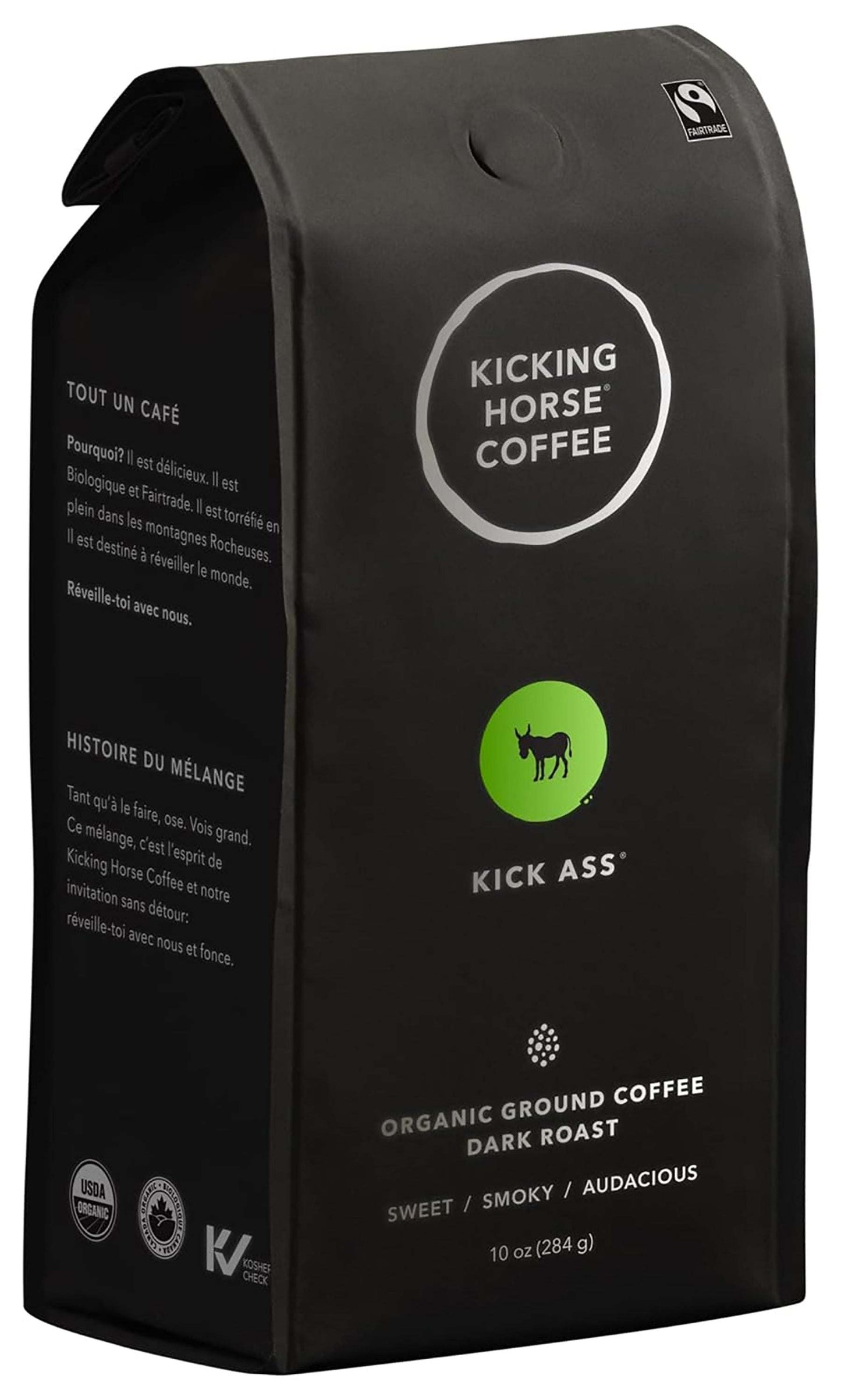 Kicking Horse Kick Ass Coffee Dark Roast, organic ground coffee pack.
