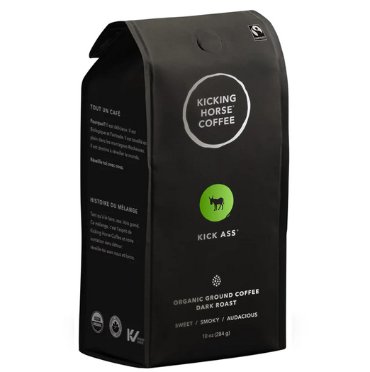Dark roast Kicking Horse Kick Ass Coffee, organic and fairtrade, 10 oz pack.