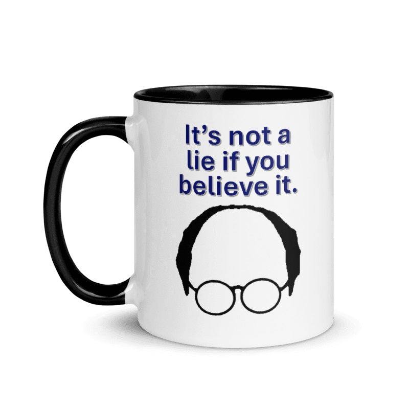 George Costanza Not Another Lie Mug with black handle and text design.