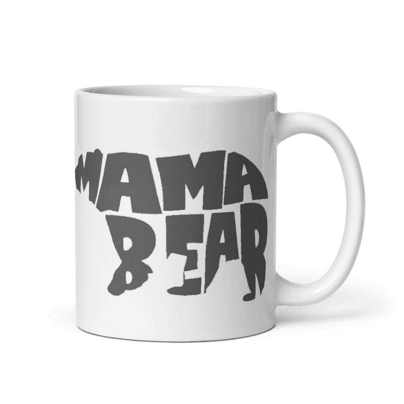Mama Bear Ceramic Mug with bold text design, 11oz and 15oz sizes, microwave and dishwasher safe.