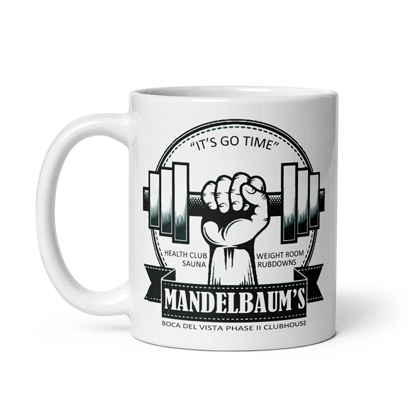 Cream Mandelbaum's Gym Seinfeld Mug featuring gym-themed design, available in 11oz and 15oz.