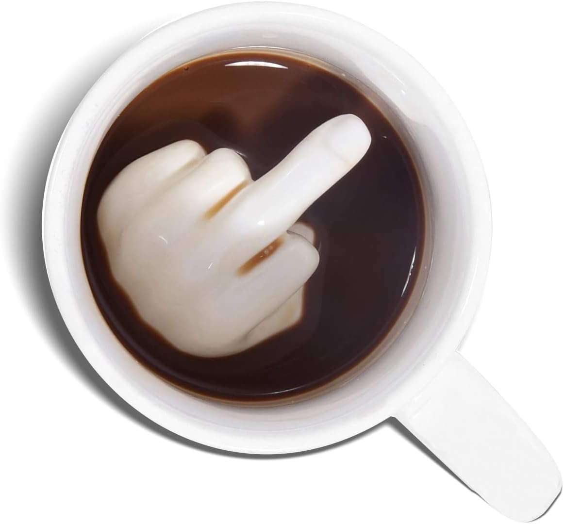 Ceramic Fickle Finger Mug filled with coffee, featuring a unique finger design inside.