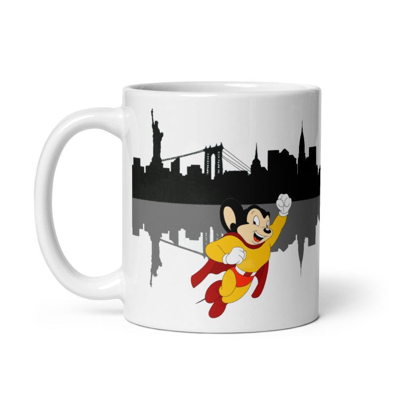 Mighty Mouse Saves NYC Mug with NYC skyline design, cream ceramic, 11oz or 15oz, microwave and dishwasher safe.