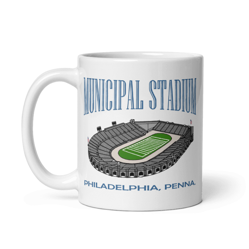 Philly Municipal Stadium ceramic mug with stadium illustration, cream color, 11oz and 15oz sizes, microwave and dishwasher safe.