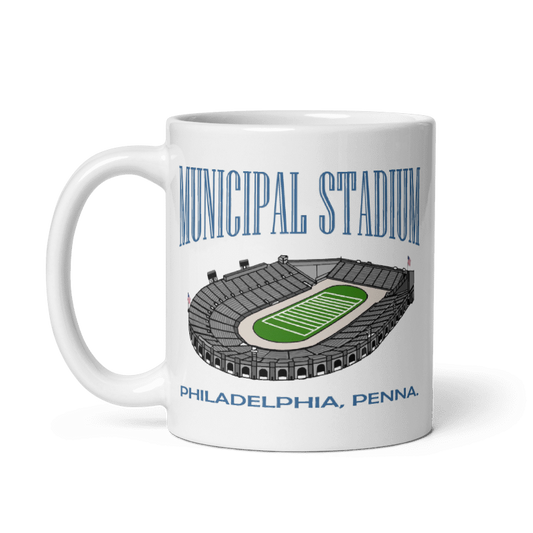 Philly Municipal Stadium ceramic mug with stadium illustration, cream color, 11oz and 15oz sizes, microwave and dishwasher safe.