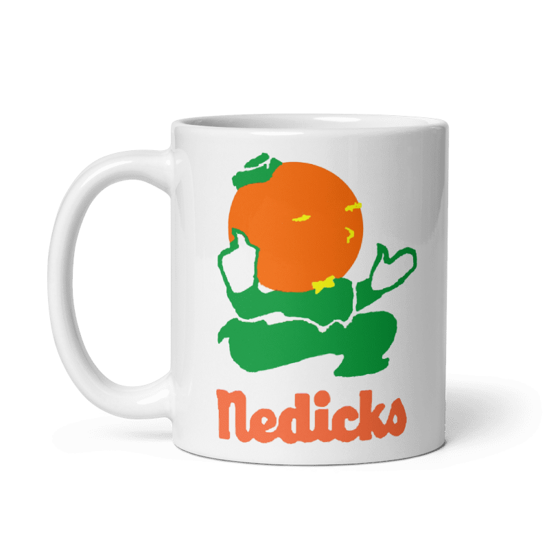Nedicks OJ Ceramic Mug in cream color with iconic logo, available in 11oz and 15oz sizes, microwave and dishwasher safe.