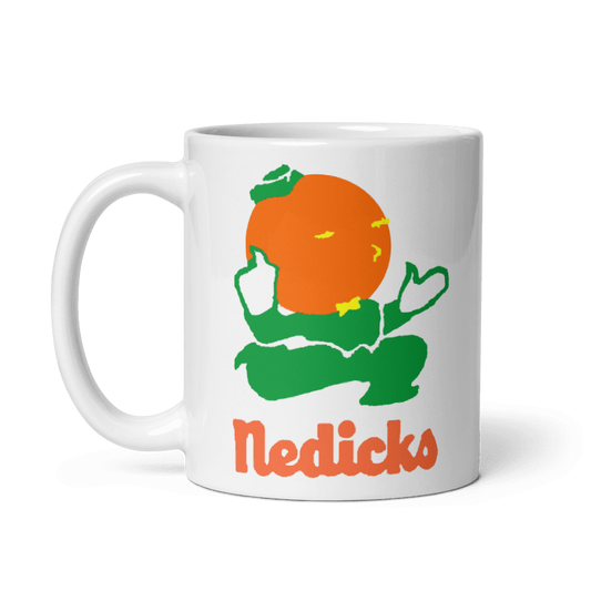 Nedicks OJ Ceramic Mug in cream color with iconic logo, available in 11oz and 15oz sizes, microwave and dishwasher safe.