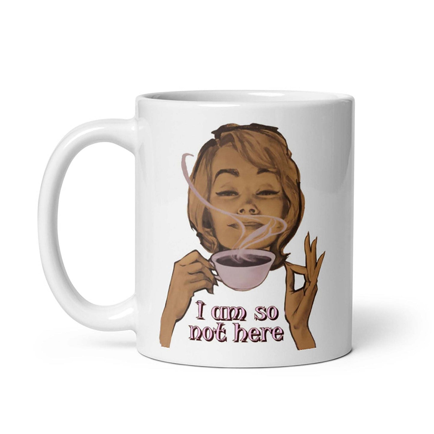 Retro-inspired cream 'My Coffee Break Ceramic Mug' with a playful design, available in 11 and 15-ounce sizes; microwave and dishwasher safe.