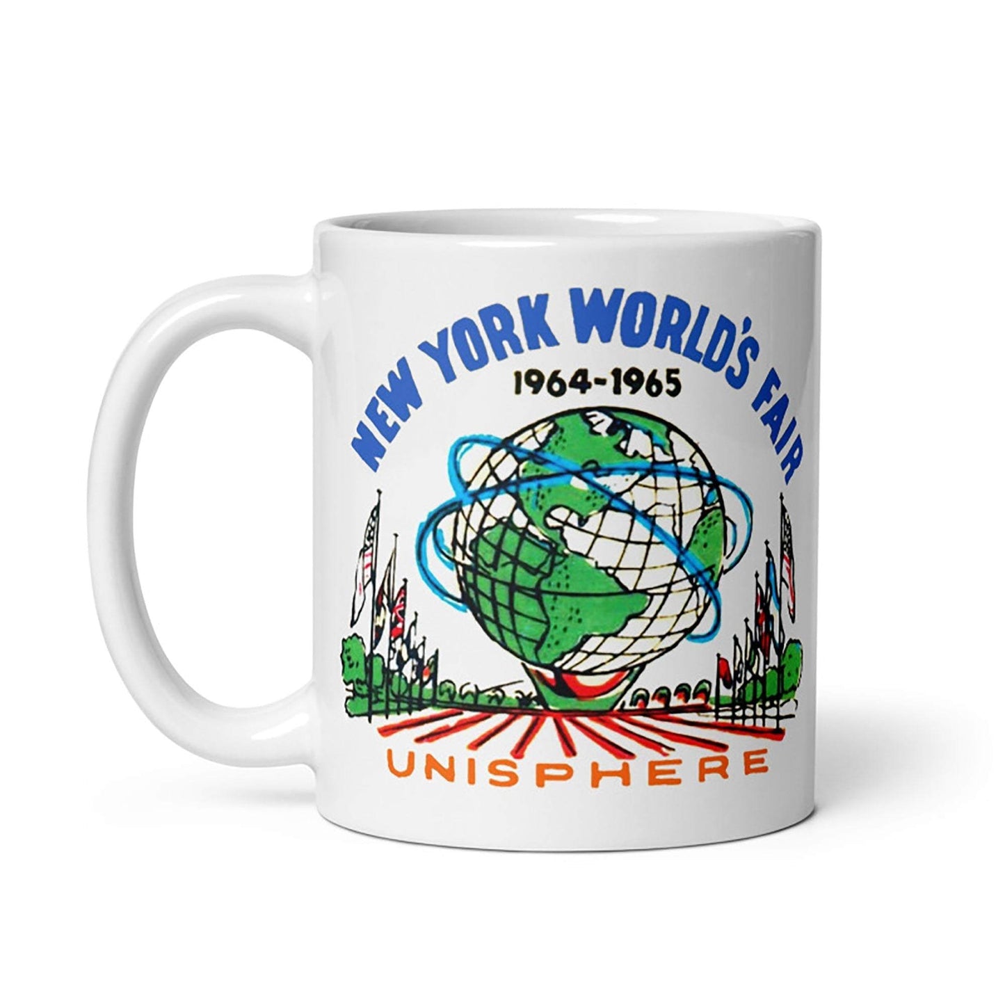 1964 New York World's Fair Mug featuring Unisphere design, ceramic, available in 11oz and 15oz, cream color.