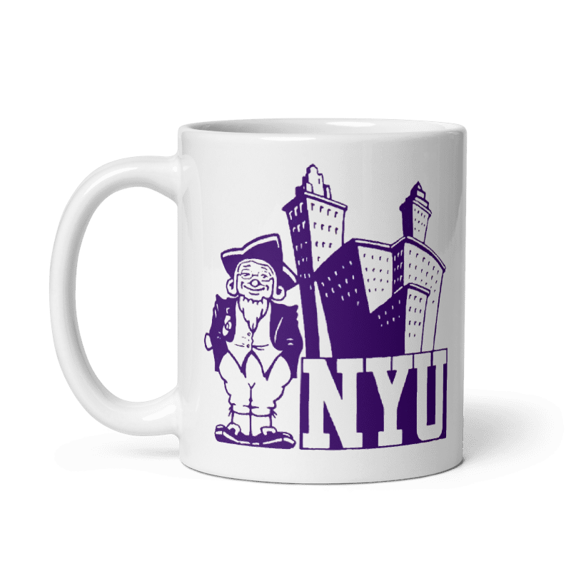 NYU Old Skool Ceramic Mug in cream with NYU logo design, microwave and dishwasher safe, available in 11 and 15 oz sizes.
