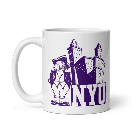 NYU Old Skool Ceramic Mug in cream with NYU logo design, microwave and dishwasher safe, available in 11 and 15 oz sizes.
