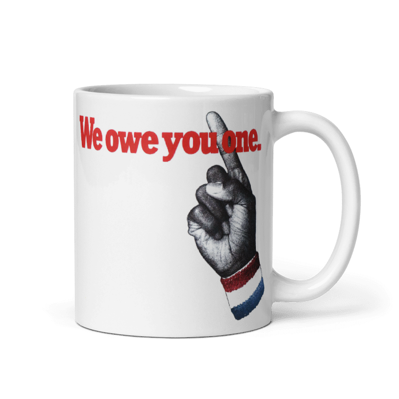 76ers We Owe You One ceramic mug with retro design, cream color, 11oz or 15oz options.