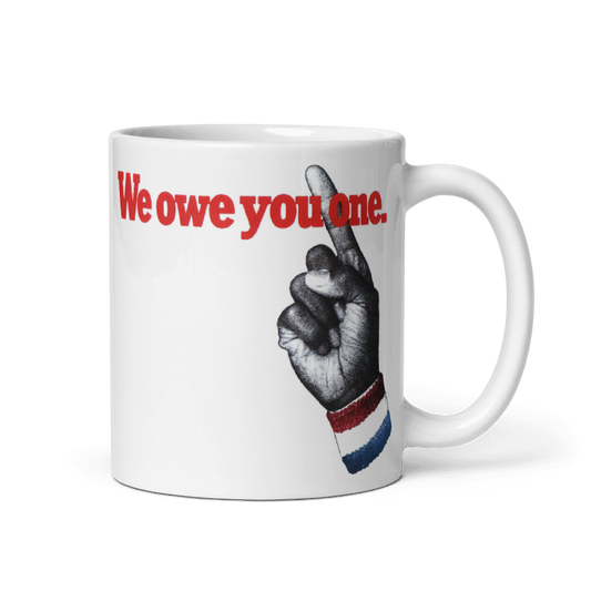 76ers We Owe You One ceramic mug with retro design, cream color, 11oz or 15oz options.