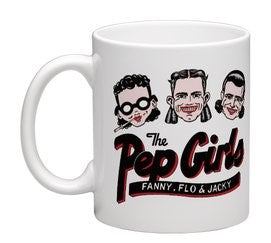 Retro Pep Girls Ceramic Mug featuring Fanny, Flo & Jackie, 11oz and 15oz, cream color.