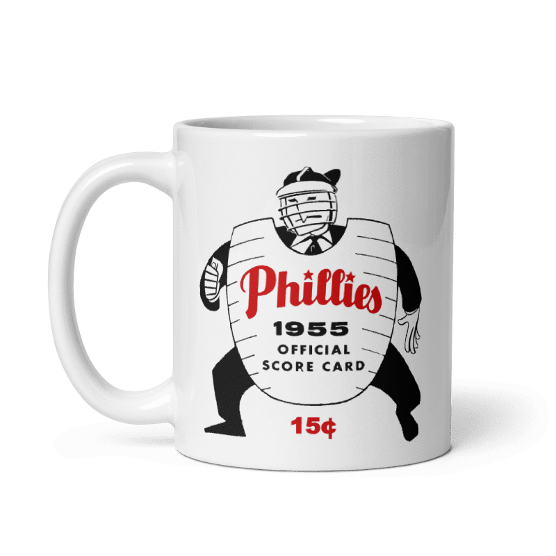 Philadelphia Phillies vintage scorecard ceramic mug with 1955 graphic, cream color.