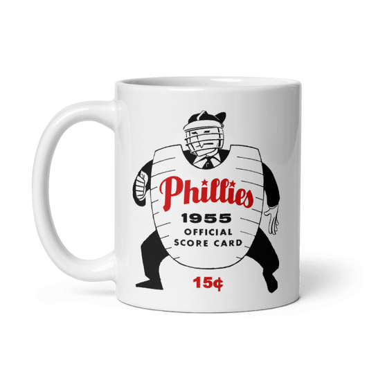 Philadelphia Phillies vintage scorecard ceramic mug with 1955 graphic, cream color.