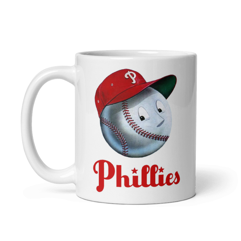 Vintage Phillies Mr. Baseball ceramic mug with mid-50s graphic, cream color.