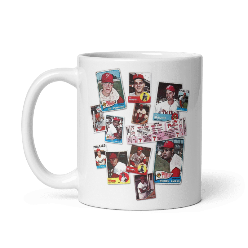 1964 Phillies Wheez Kids Mug with vintage baseball card design, available in 11oz and 15oz, cream color, microwave and dishwasher safe.