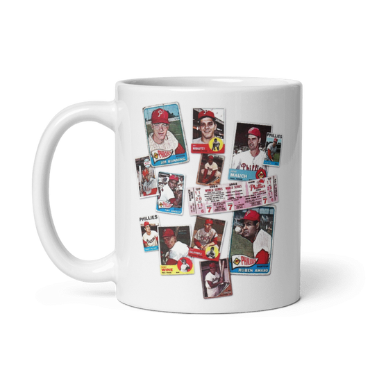 1964 Phillies Wheez Kids Mug with vintage baseball card design, available in 11oz and 15oz, cream color, microwave and dishwasher safe.