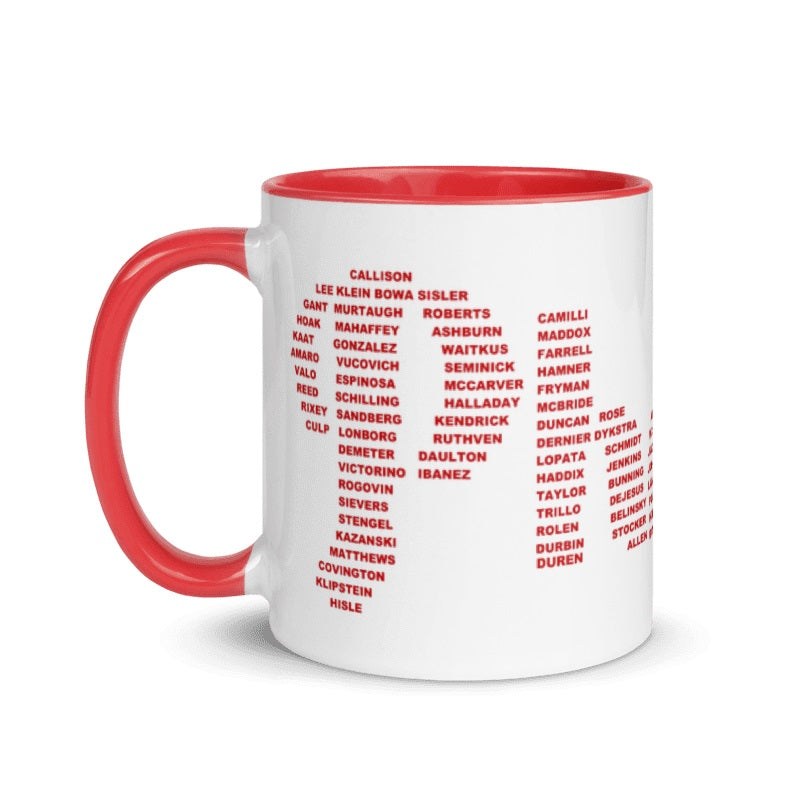 Philadelphia Phillies Legends ceramic mug featuring names of legendary players, cream and Phillies red, 11oz, microwave and dishwasher safe.