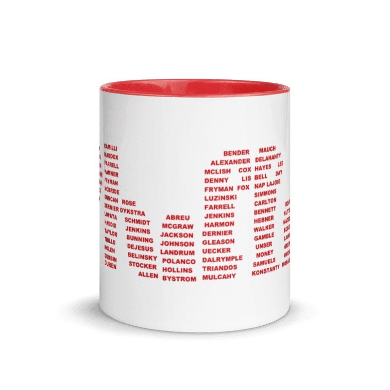 Philadelphia Phillies Legends ceramic mug featuring iconic players' names, cream and Phillies red, 11oz, microwave and dishwasher safe.