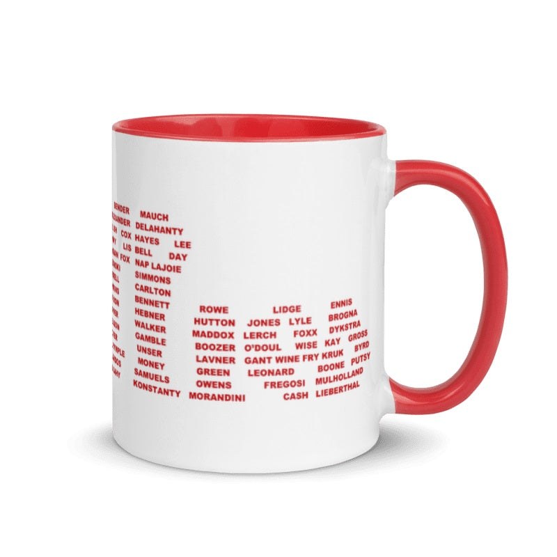Philadelphia Phillies Legends ceramic mug with names of iconic players, cream and red, 11oz, microwave and dishwasher safe.