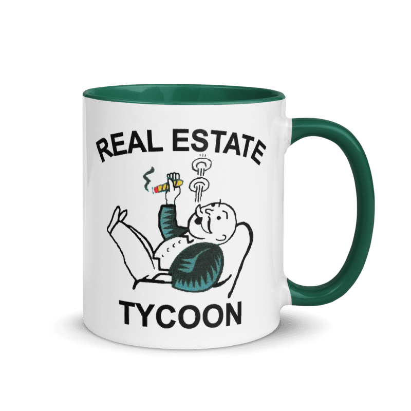 Mr Real Estate Tycoon Mug with green accents, 11oz and 15oz sizes, microwave and dishwasher safe.