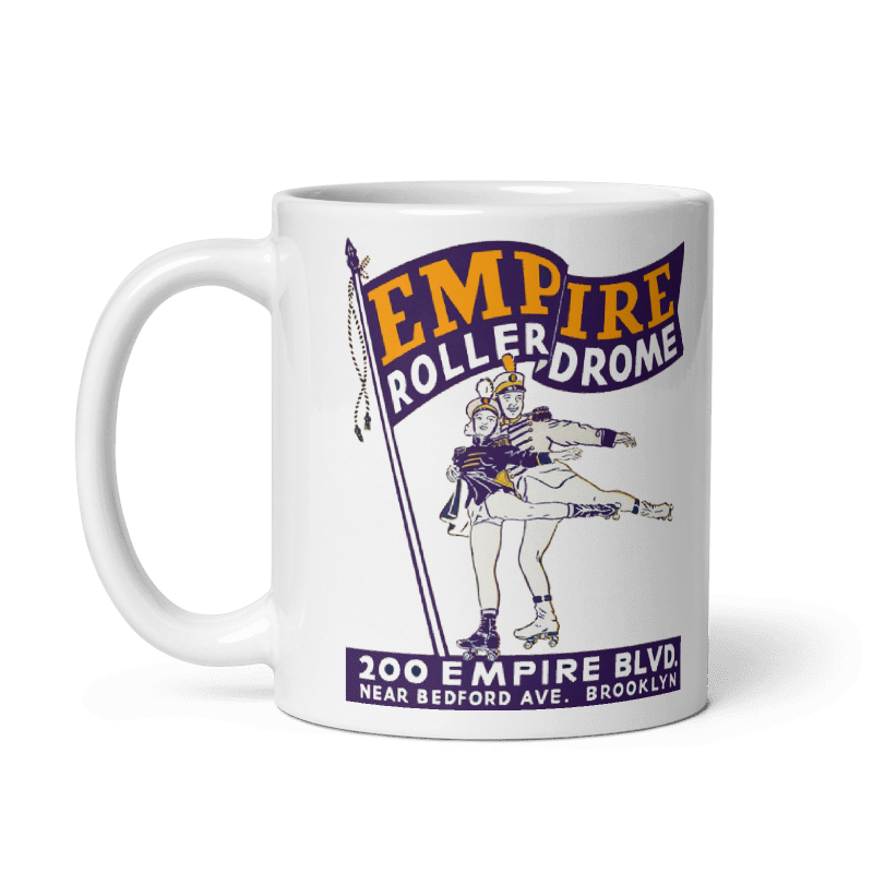 Cream Empire RollerDrome ceramic mug with vintage skating design, available in 11oz and 15oz sizes.