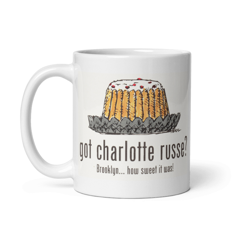 Charlotte Russe Mug, cream ceramic, featuring nostalgic Brooklyn dessert design, 11oz and 15oz sizes.