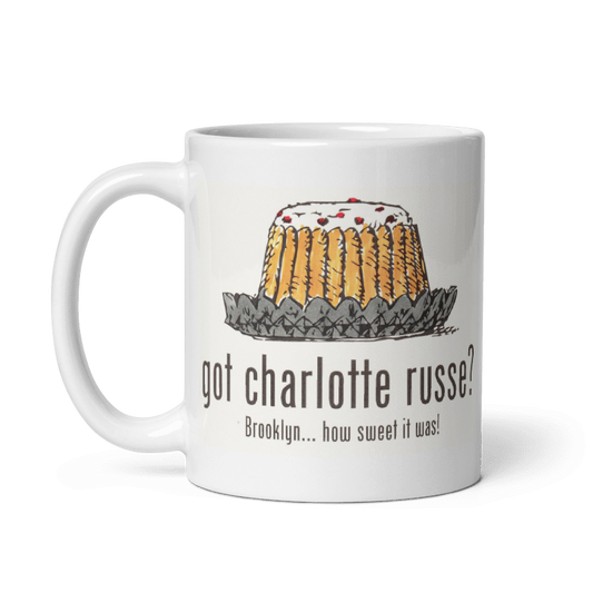 Charlotte Russe Mug, cream ceramic, featuring nostalgic Brooklyn dessert design, 11oz and 15oz sizes.