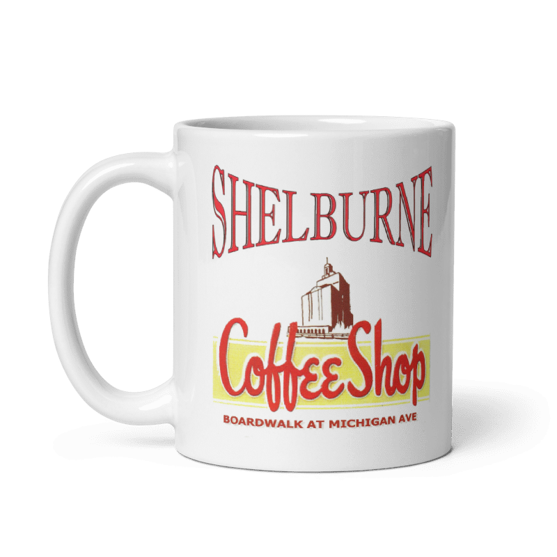 Shelburne Atlantic City Coffee Shop cream ceramic mug with red lettering.