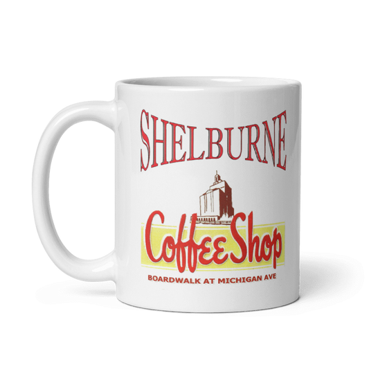Shelburne Atlantic City Coffee Shop cream ceramic mug with red lettering.