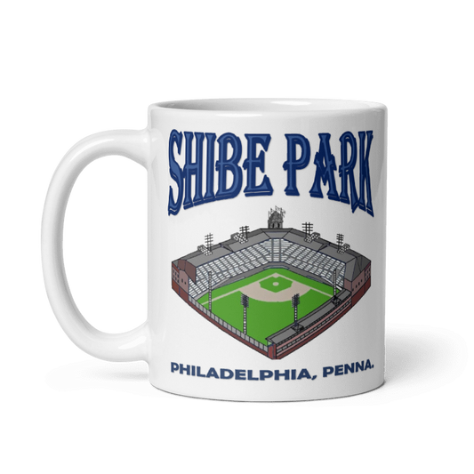 Vintage Shibe Park Ceramic Mug featuring Philadelphia stadium design, cream color, 11oz and 15oz, microwave and dishwasher safe.