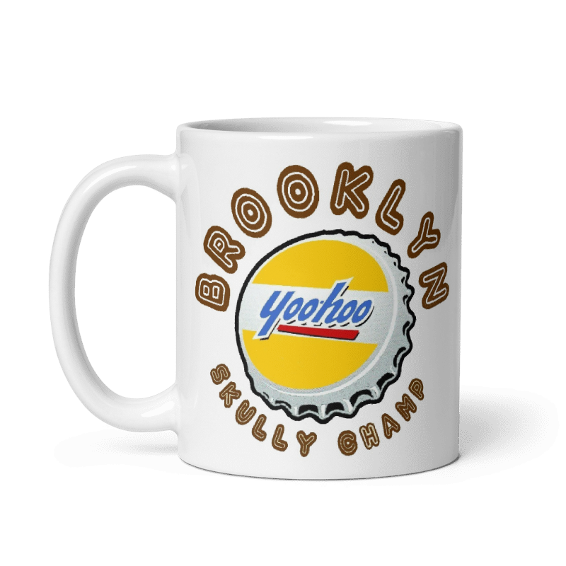 Brooklyn Skully Champ Mug with Yoo Hoo cap design, ceramic, 11oz and 15oz sizes, cream color.