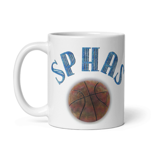 Philadelphia Sphas ceramic mug in cream color with a vintage basketball design.