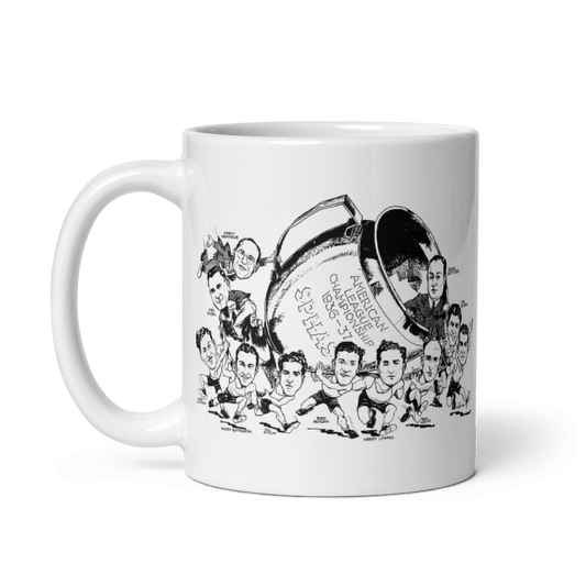 Philadelphia Sphas World Basketball Champs ceramic mug with vintage team caricature, 11oz and 15oz sizes, cream color.