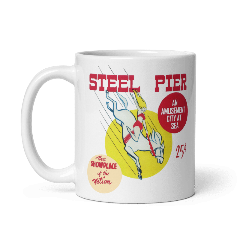 Steel Pier Diving Horse ceramic mug, cream color, featuring vintage design, 11oz and 15oz sizes, microwave and dishwasher safe.